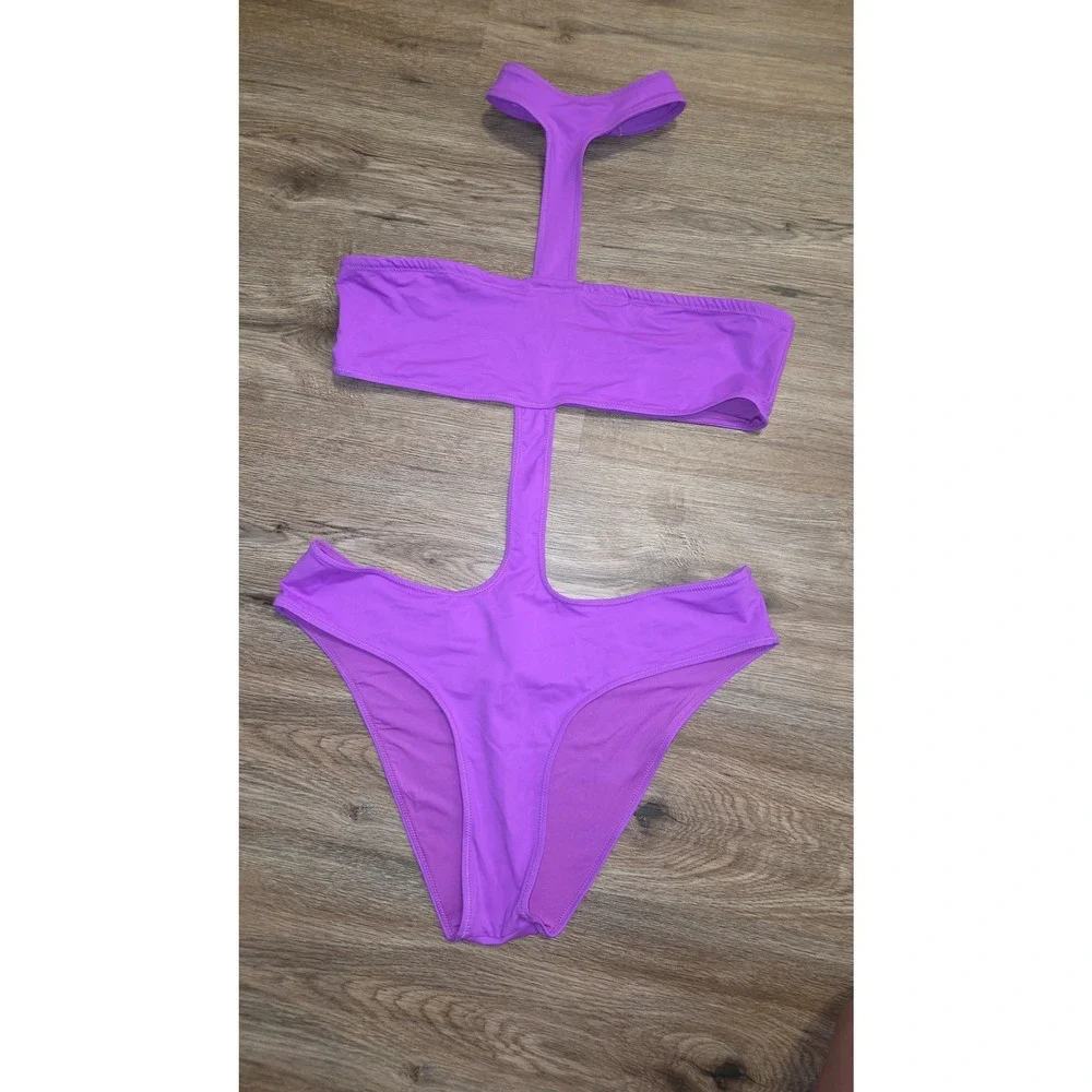 SKIMS XL Purple Monokini Swimsuit Cut-Out Halter Bandeau One piece
